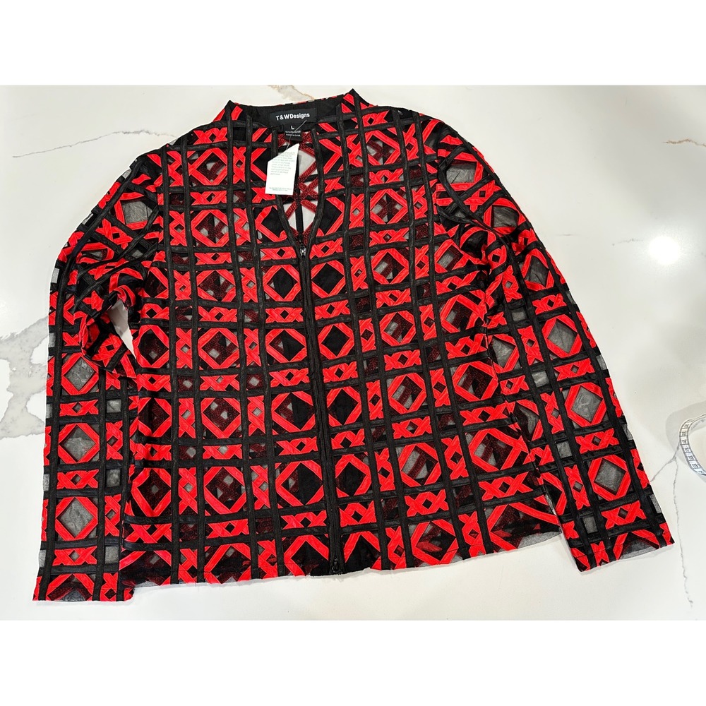 T&W Designs Red‎ Black Geometric Mesh Zip Front Jacket Large NWT